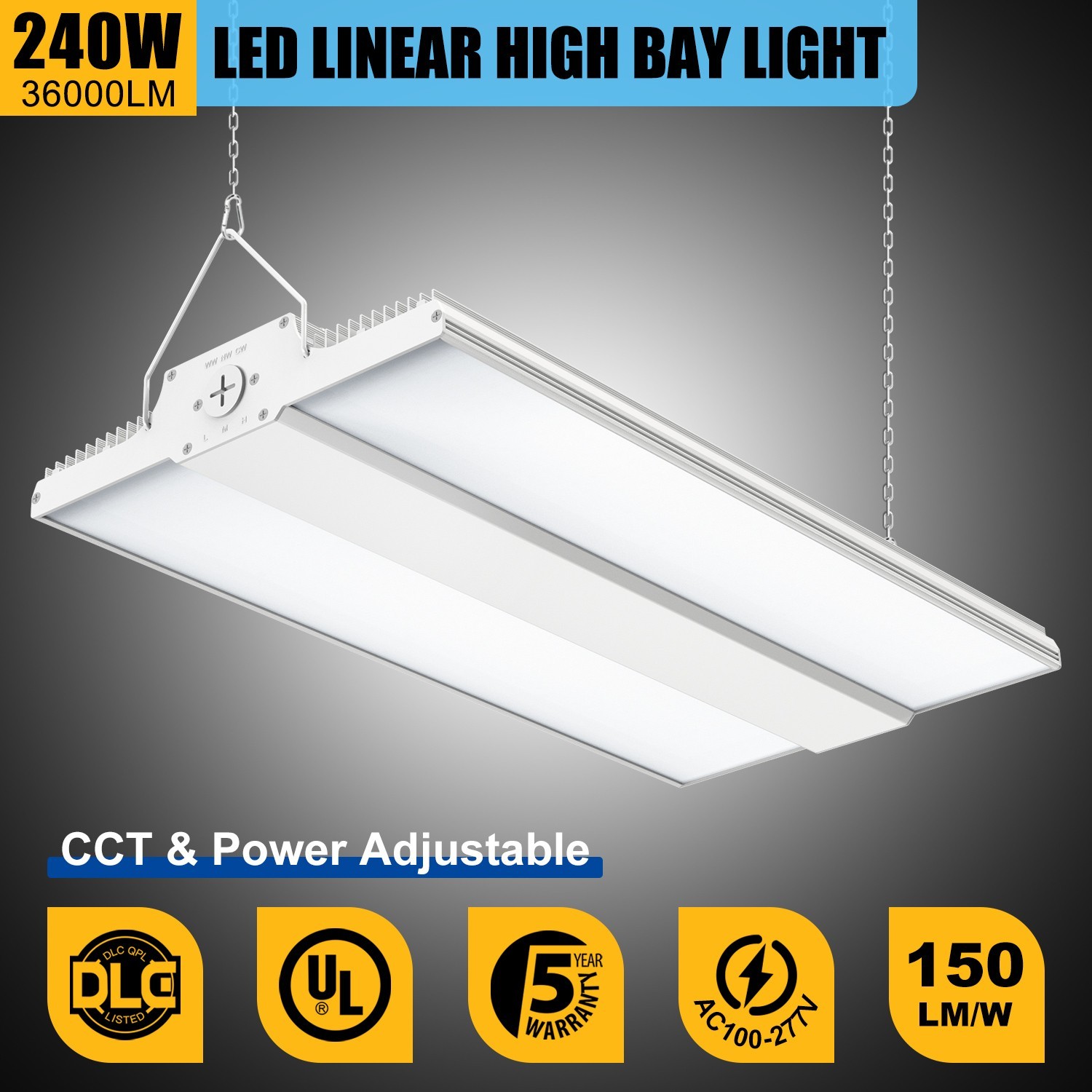 240W/200W/150W LED Linear High Bay Light Adjustable Commercial Warehouse Lights