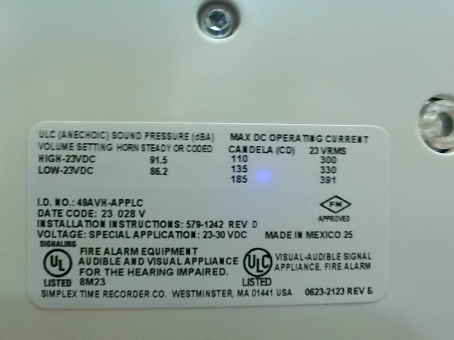 Simplex 49AVH-APPLC Ceiling Mount AV Horn Strobe w/49AVC-CWFIRE – New In Box