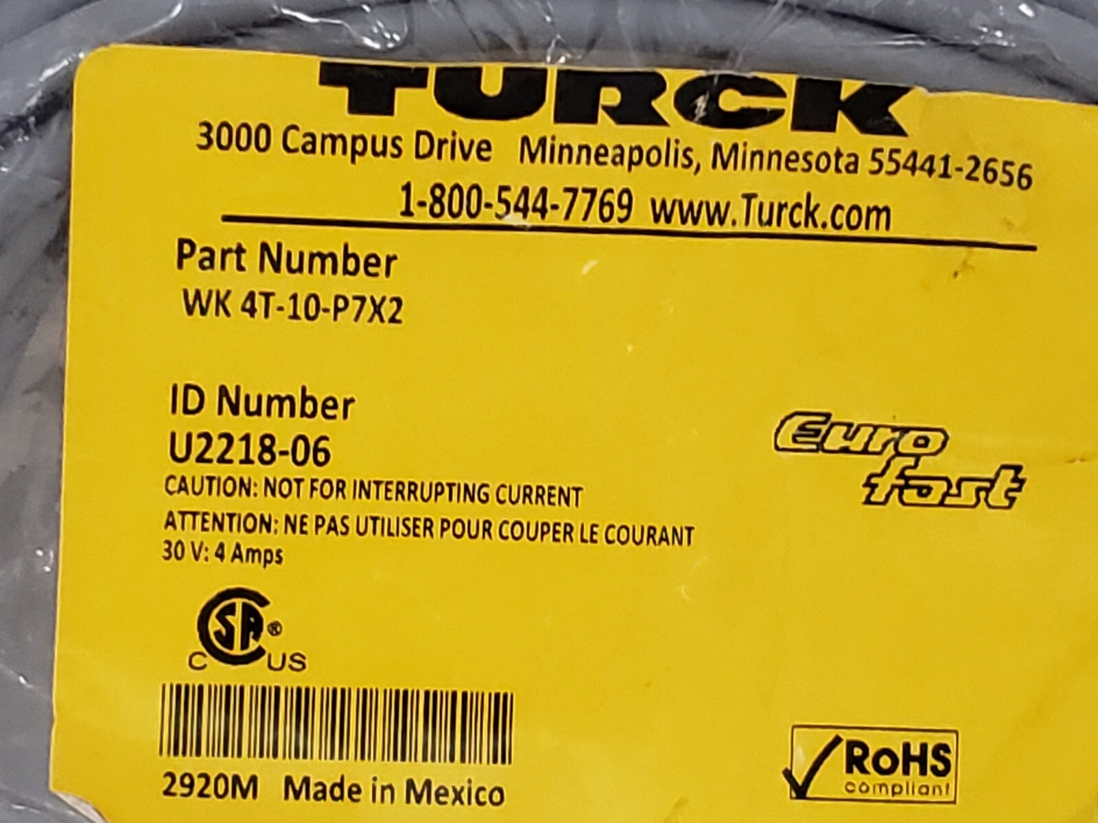 TURCK WK4T-10-P7X2 CORDSET M12 EUROFAST FEMALE CONNECTOR (U2218-06) NIB