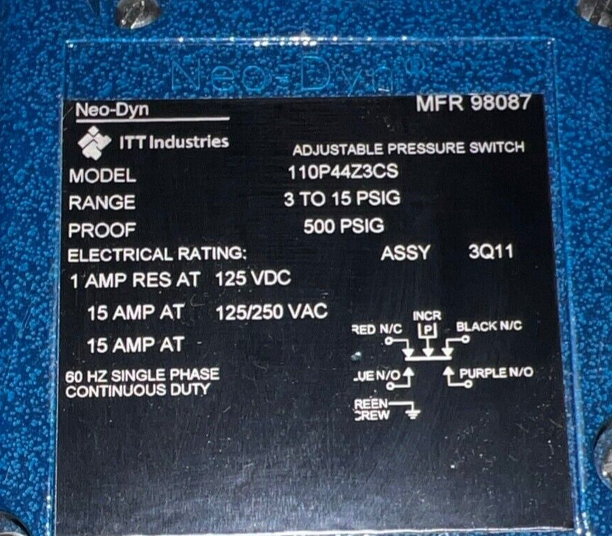 ITT NEO-DYN 110P44Z3CS ADJUSTABLE PRESSURE SWITCH