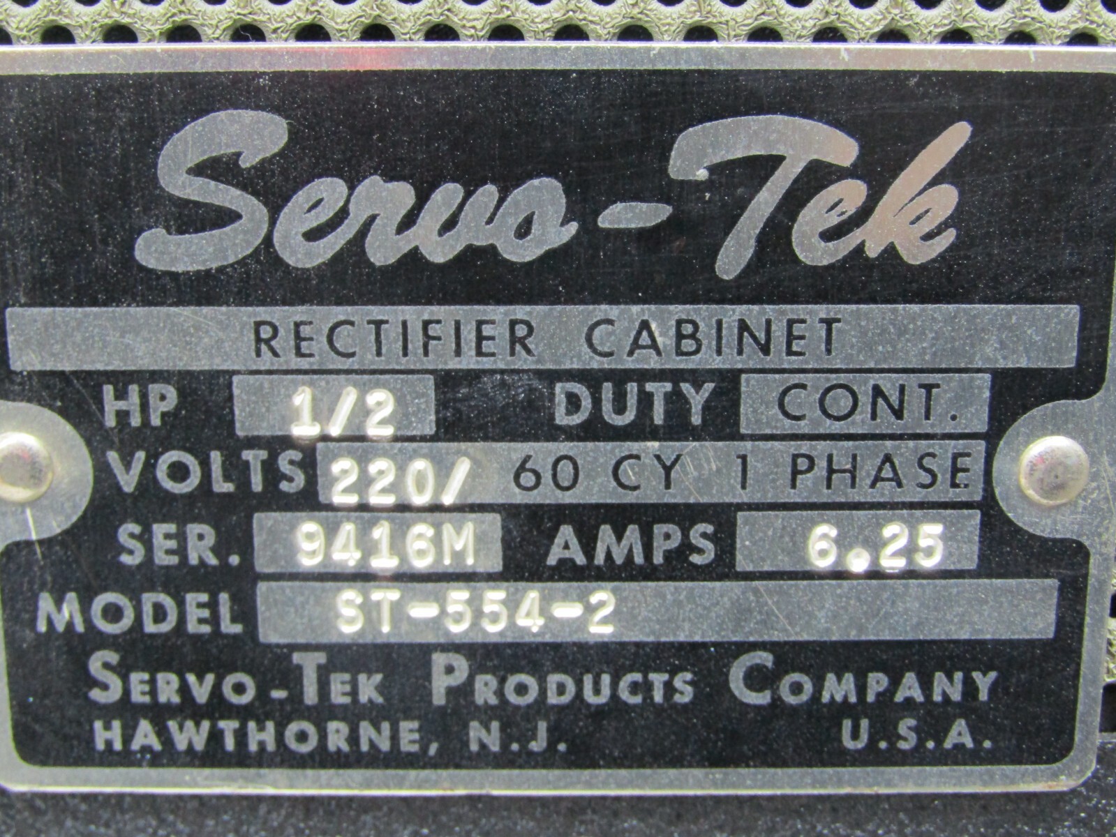 💥SERVO-TEK 1/2 HP RECTIFIER CABINET 220 VAC 60 CYCLE 1Ø 6.25 AMP ST-554-2