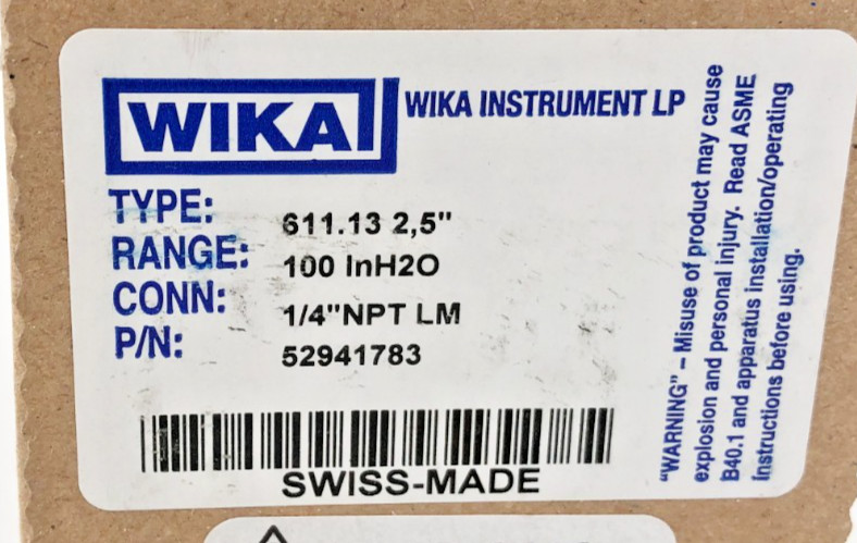 New Wika 52941783 Gauge 611.13.2.5″ 0-100 IN H2O 1/4″ Lower Mount