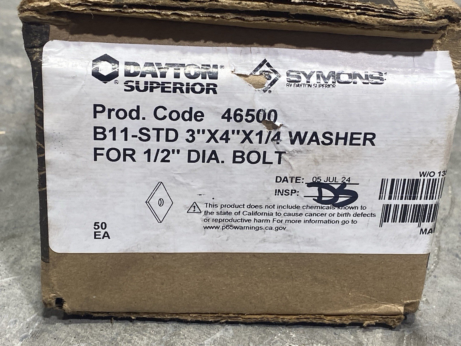 QTY 50 Dayton Superior B11-STD 3″ x 4″ x 1/2″ Washer for 1/2″ Dia Bolt 46500 New