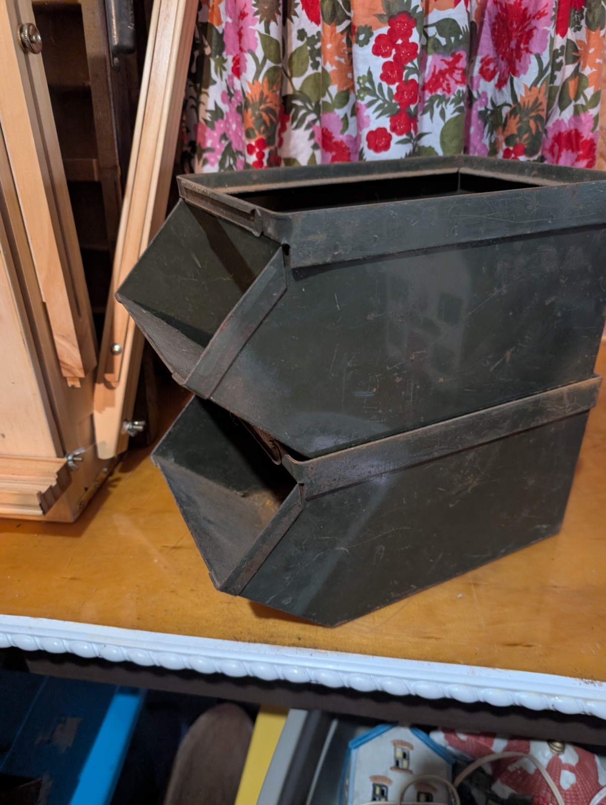 Metal Parts Bin With Handles Stacking Box Industrial vintage