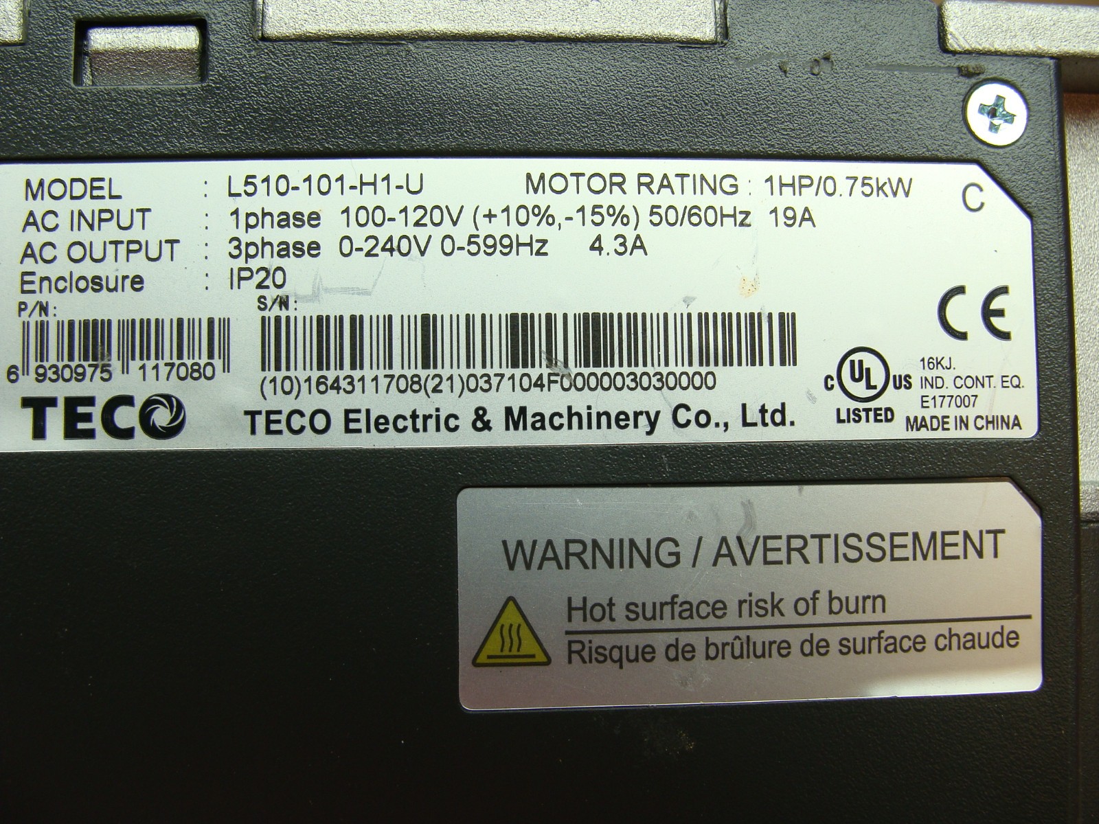 1 Hp TECO 1 ph to 3 ph FREQUENCY DRIVE L510-101-H1-U IN 100-120V OUT 0-240V
