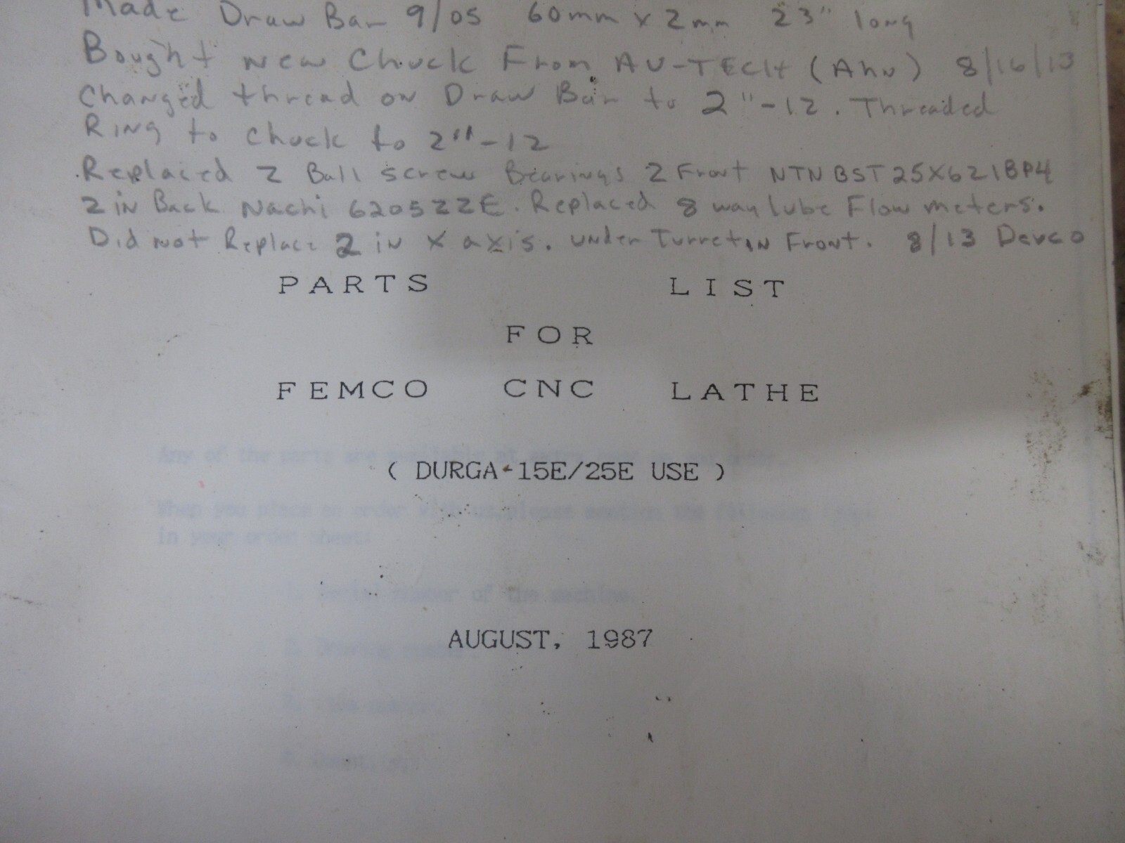 FEMCO 25E 15E CNC LATHE OPERATORS MANUAL MS WORKS DURGA 15E/25E AUGUST 1987