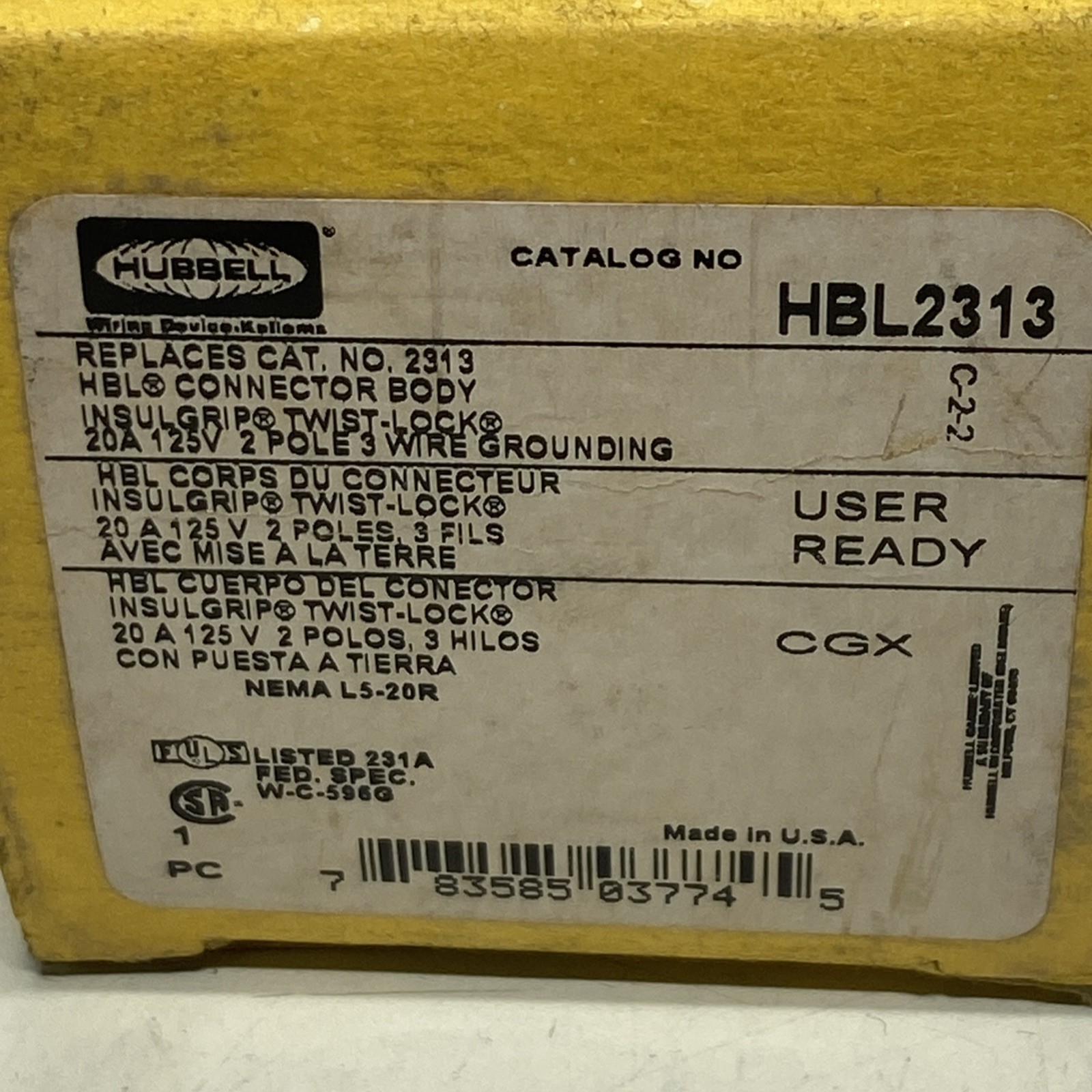NEW IN BOX! HUBBELL 20A 125V 2-POLE 3-WIRE TWIST-LOCK CONNECTOR BODY HBL2313