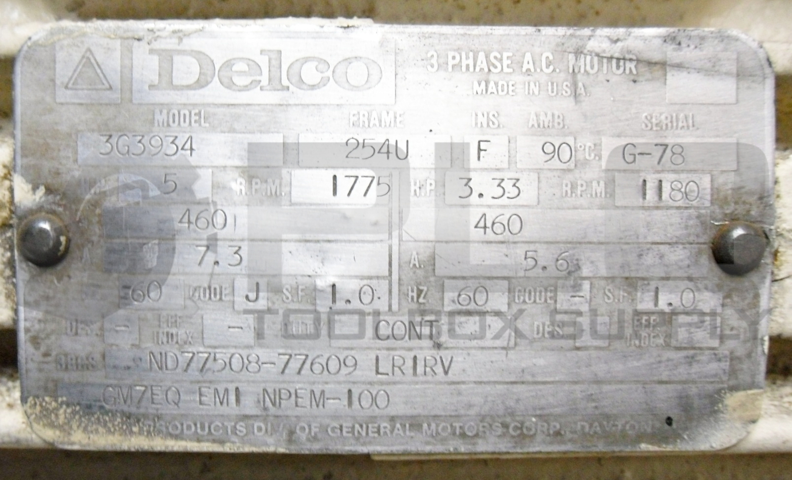 DELCO 3G3934 3 PHASE A.C. MOTOR 5/3.33HP 1775/1180RPM