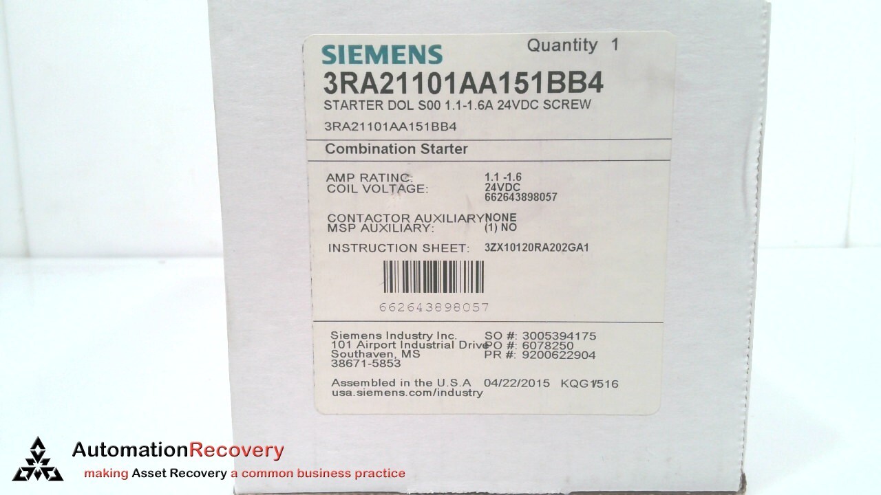 SIEMENS 3RA21101AA151BB4 COMBINATION STARTER, NEW #326401