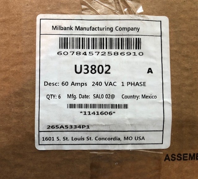 Milbank U3802 AC Disconnect, Non-Fusible, 240 VAC, 60 Amp, 1-Phase,10hp BOX OF 6