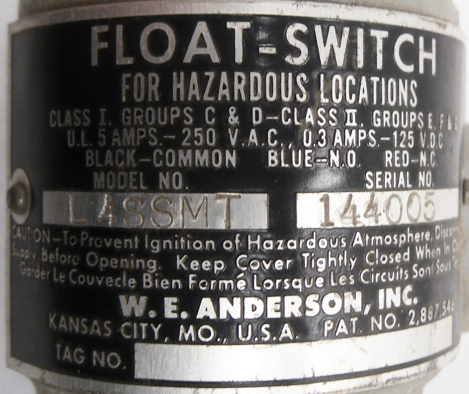 NEW W.E. ANDERSON L4SSMT FLOAT SWITCH 5A 250VAC 125VDC