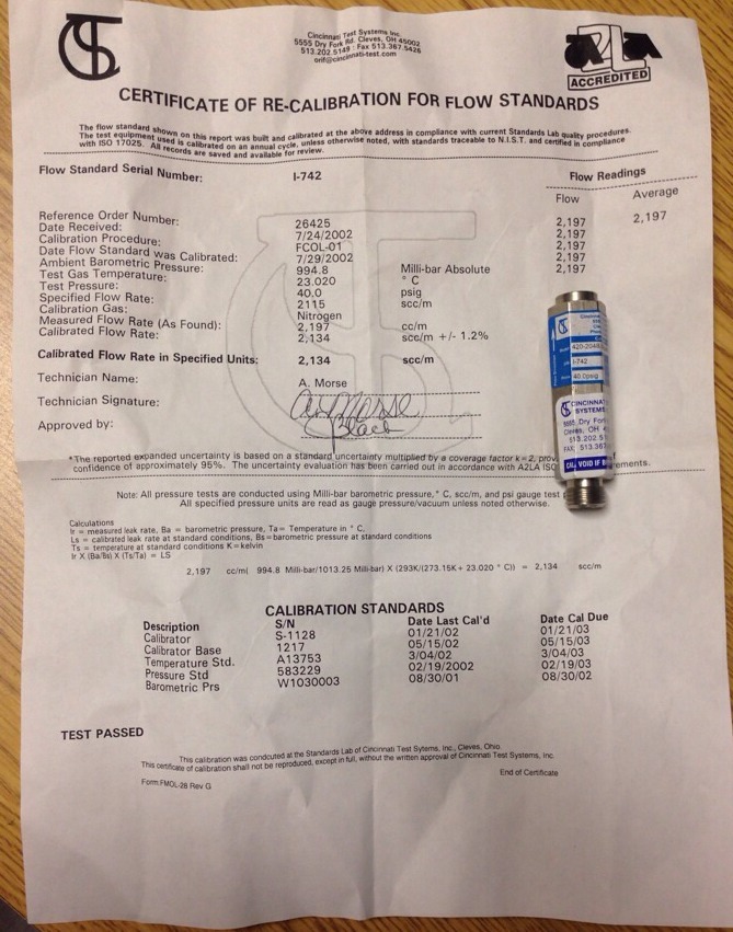 Cincinnati Test Systems 420-2048.00scc/m-40.0psig-21, EX0I742, SHIPSAMEDA#1645P8