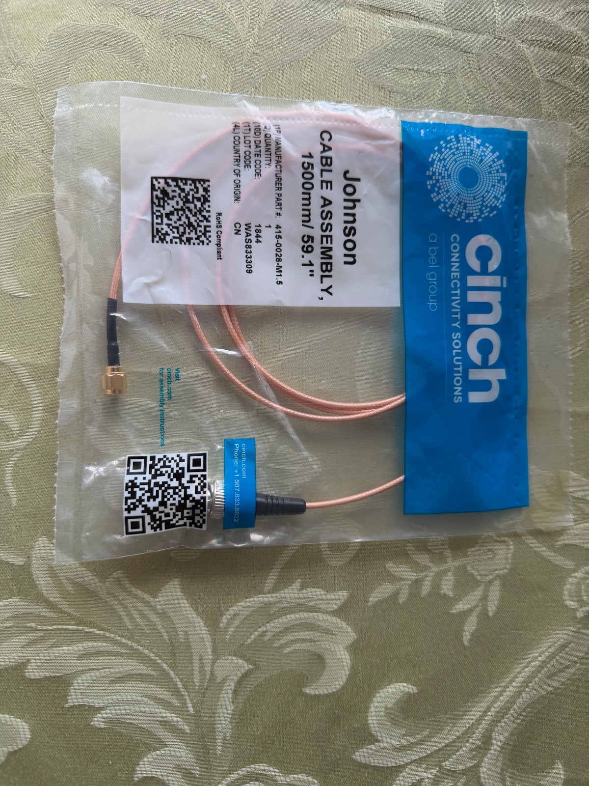 Johnson 415-0028-M1.5 Cable Assembly STR SMA-BNC RG316