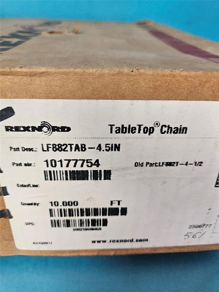 NEW 10′ REXNORD TABLE TOP CHAIN 4.5″ WIDE 1.5″ PITCH LF882TAB-4.5IN 10177754