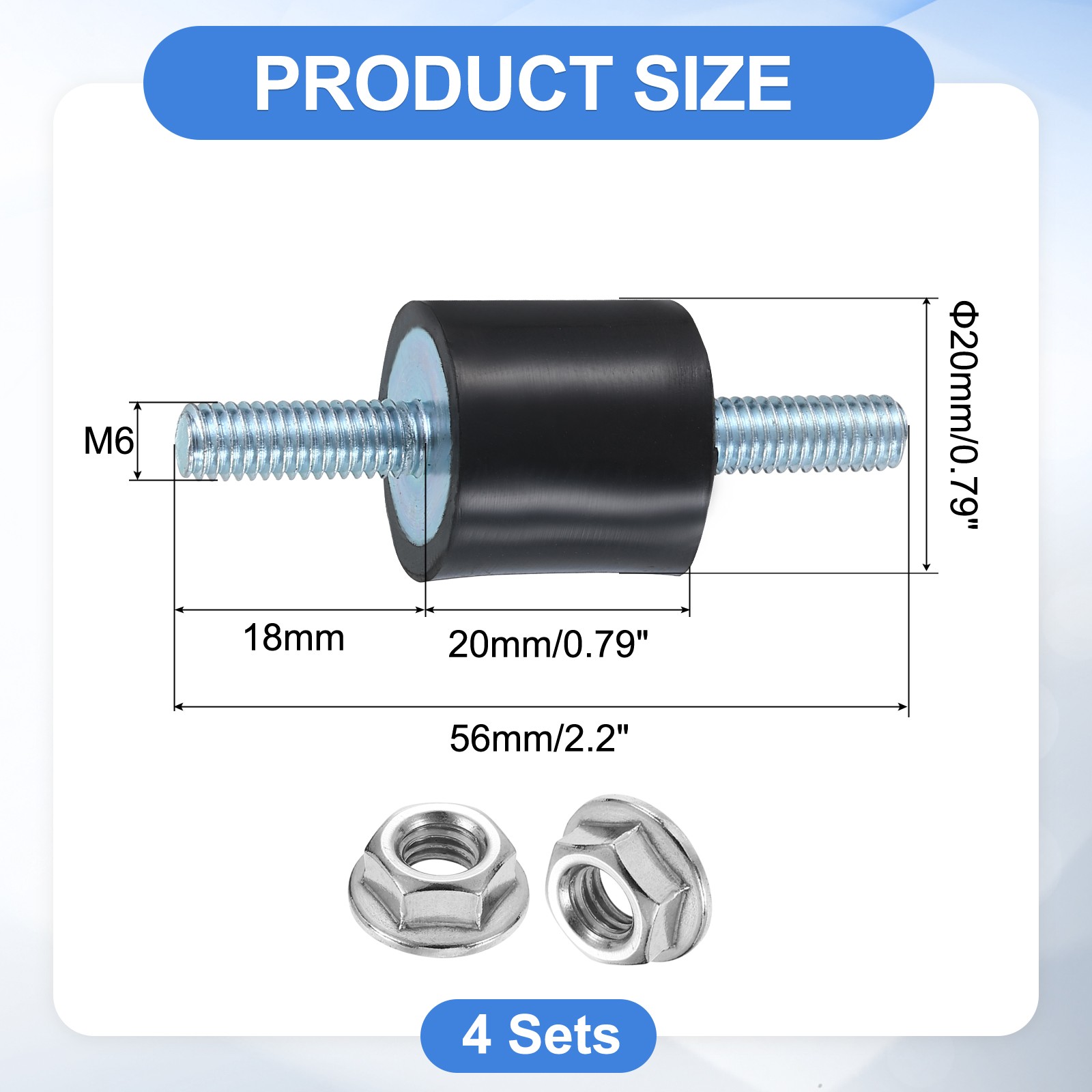 4Pcs M6 x 18mm Rubber Mounts, 20 x 20mm Rubber Vibration Isolator with Nuts