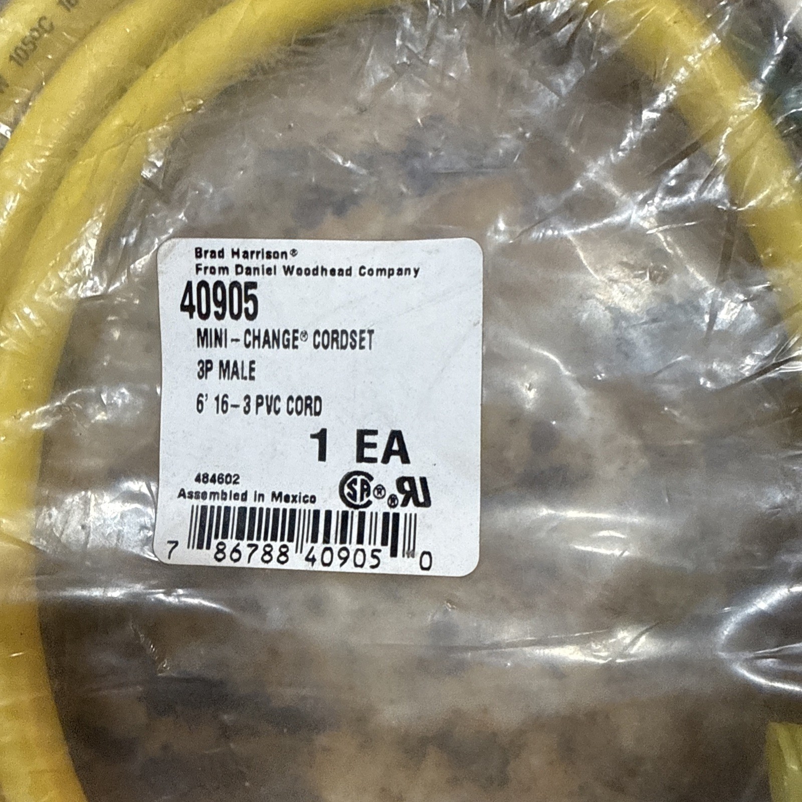 BRAD HARRISON 40905 MINI CHANGE CORDSET 3P MALE 6′ 16-3 PVC CORD NEW