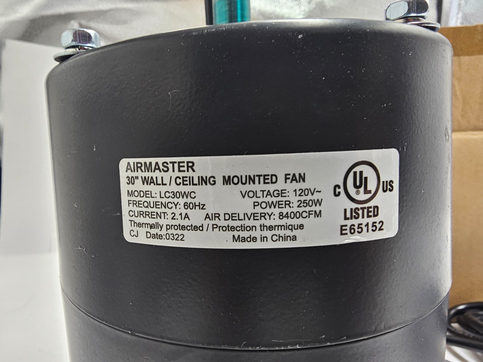 Airmaster Fan Motor LC30WC 120V 60Hz 250W 2.1A 8400CFM
