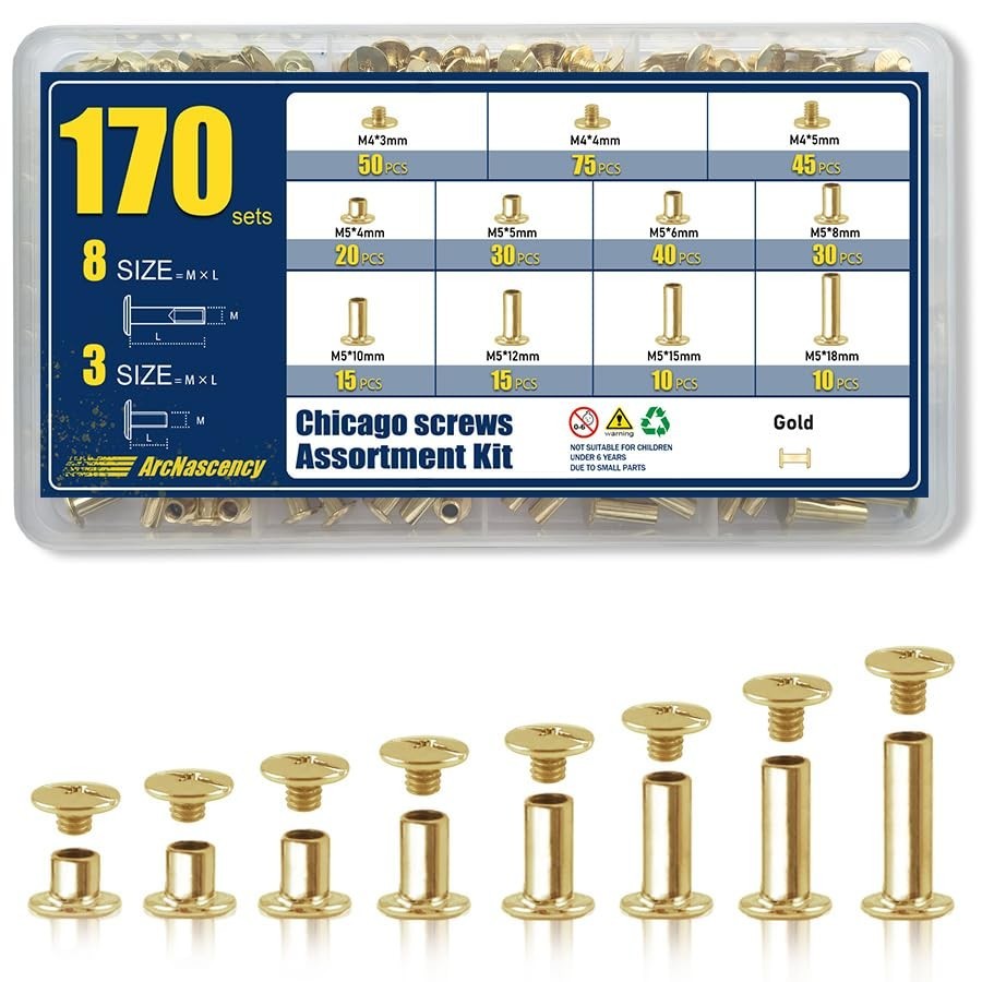 170 Sets Gold Chicago Screws Leather Rivets Kit, 8 Sizes (M5*4,5,6,8,10,12,15,18