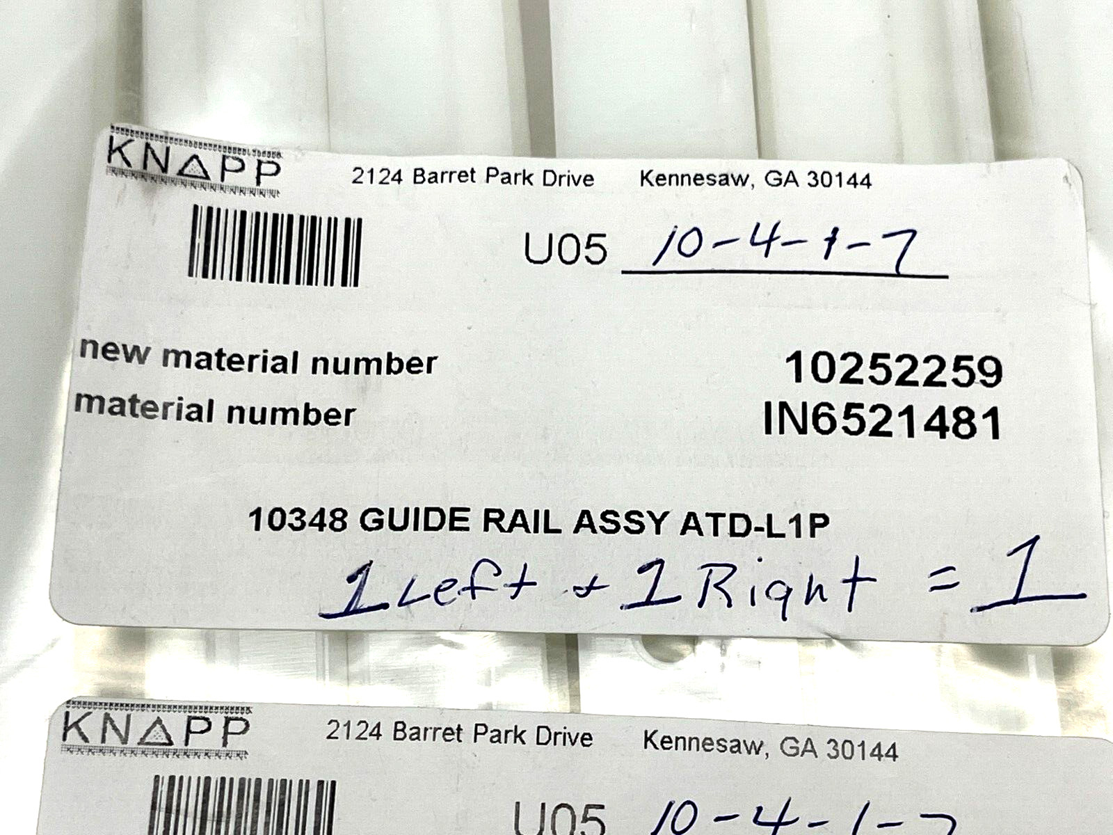 Knapp 10252259 Guide Rail Assembly 10348 for ATD-L1P NON-THREADED LOT OF 2