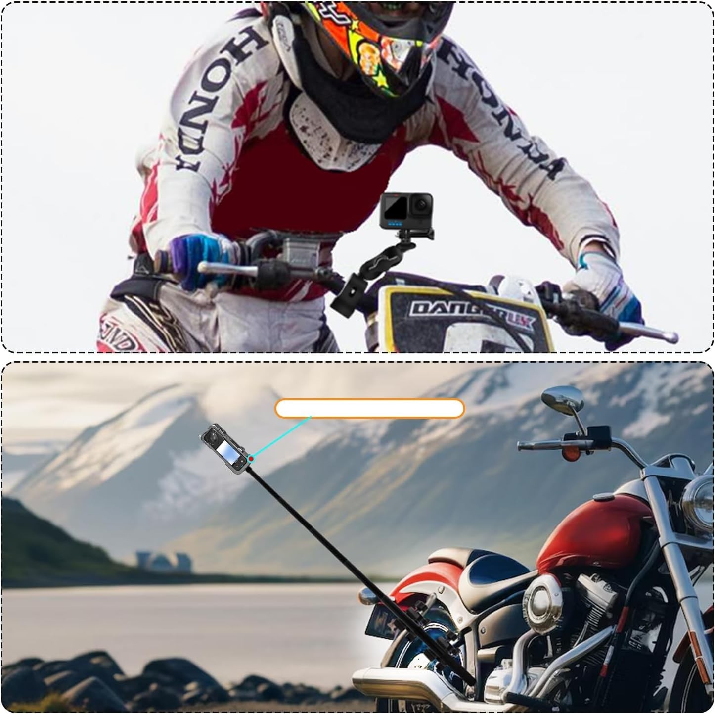 Motorcycle Mount Kit with 47″ Invisible Selfie Stick Compatible for Insta ……