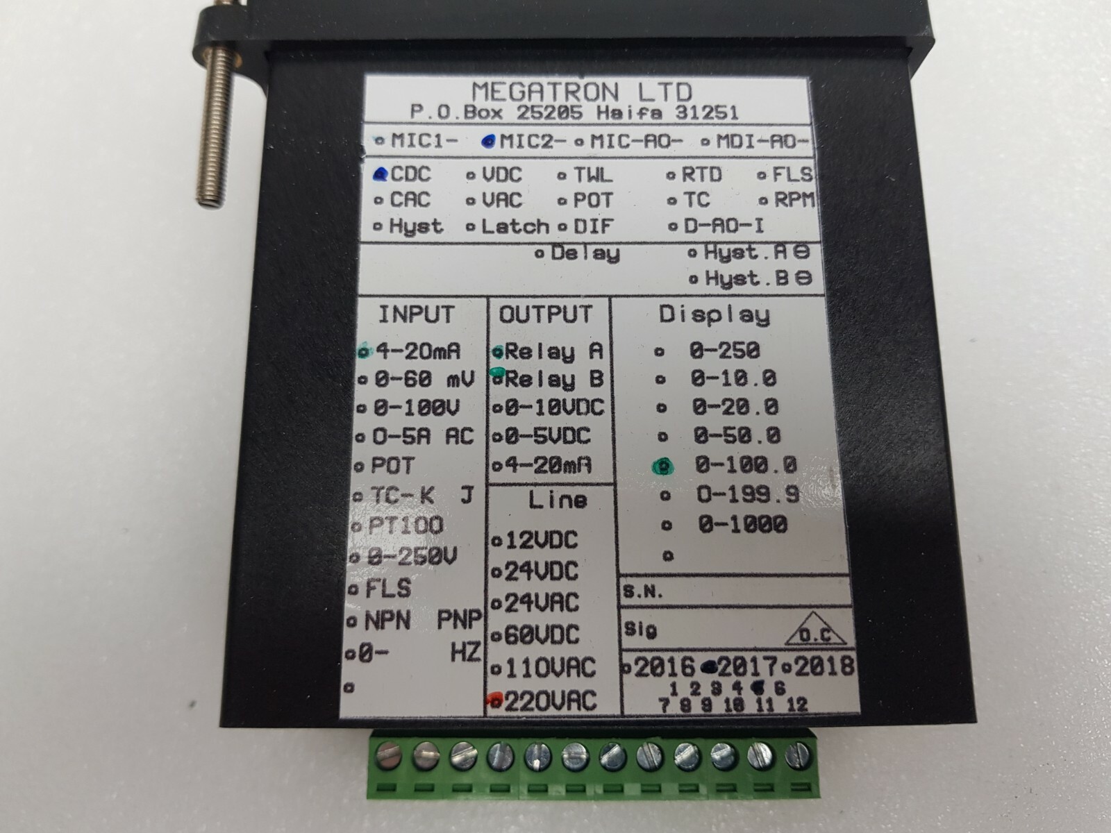 MEGATRON CONTROLLER MIC2-CDC 4-20mA, Display 0-100.0, 220VAC Relay A