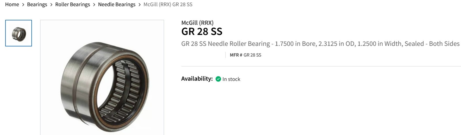 1 NEW MCGILL GR28SS 1.75X2.3125X1.25″ NEEDLE ROLLER BEARING NIB ***MAKE OFFER***
