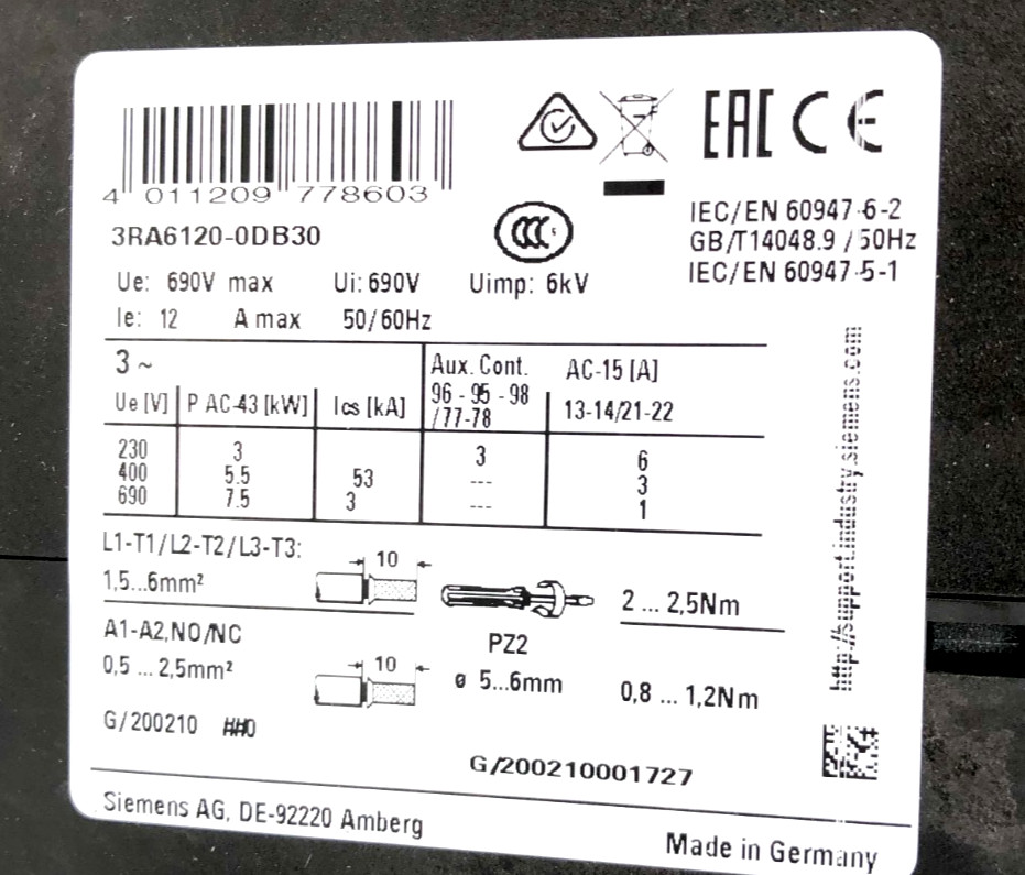 New Siemens 3RA6120-0DB30 Compact Load Feeder 690V 24VAC/DC 3-12A