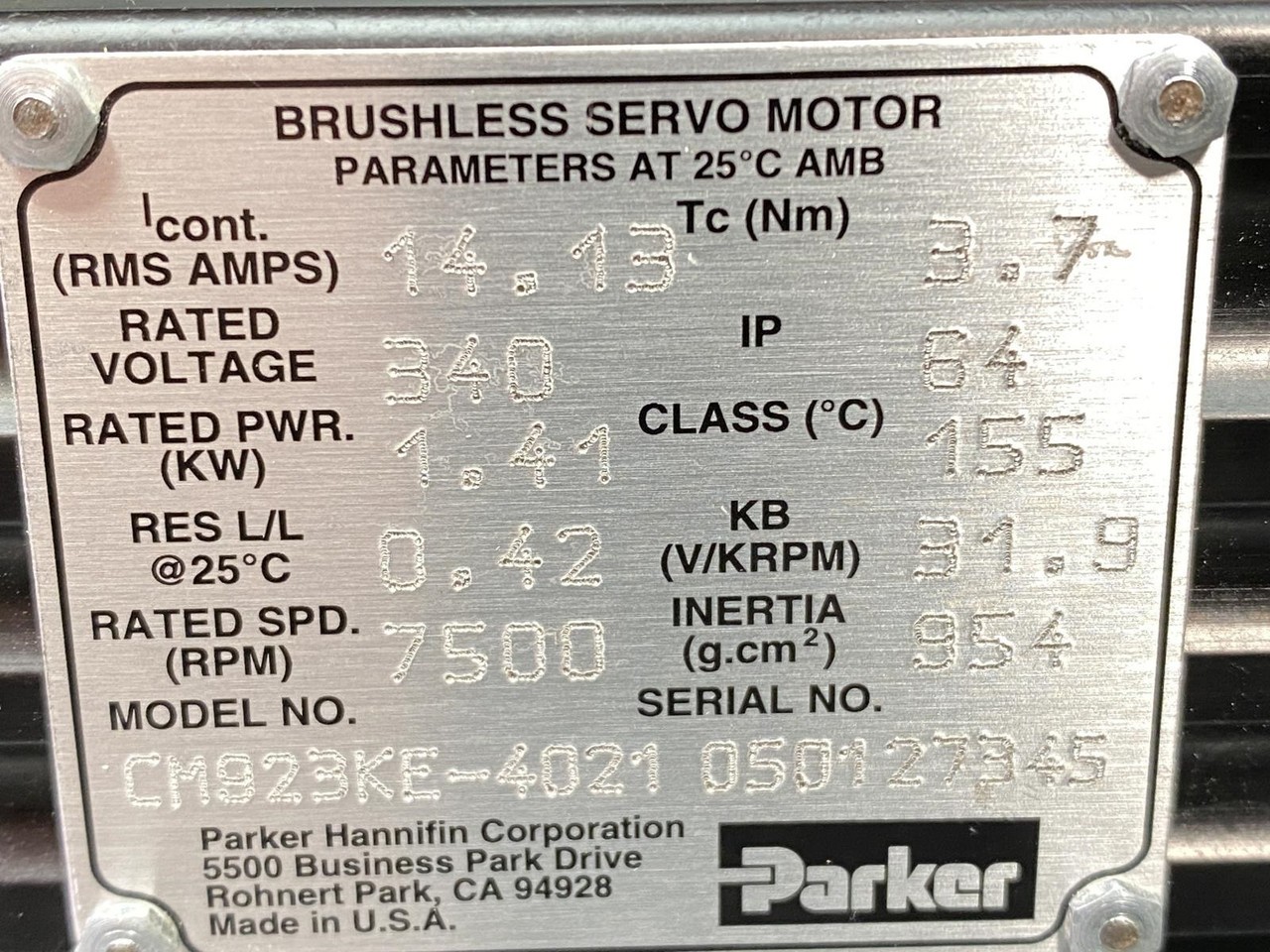 Parker Hannifin CM923KE-4021 Brushless Servo Motor 340V 7500RPM Refurbished