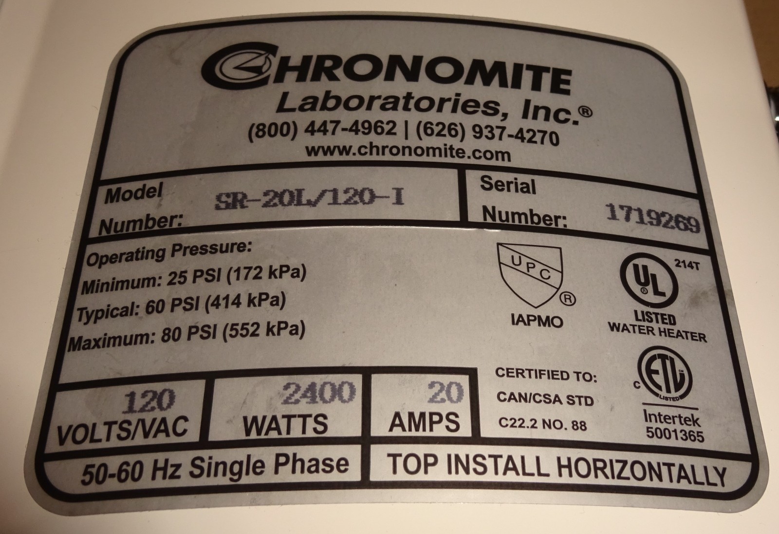 Chronomite SR-20L/120-I Tankless Water Heater 120VAC 20Amp SR Series NEW