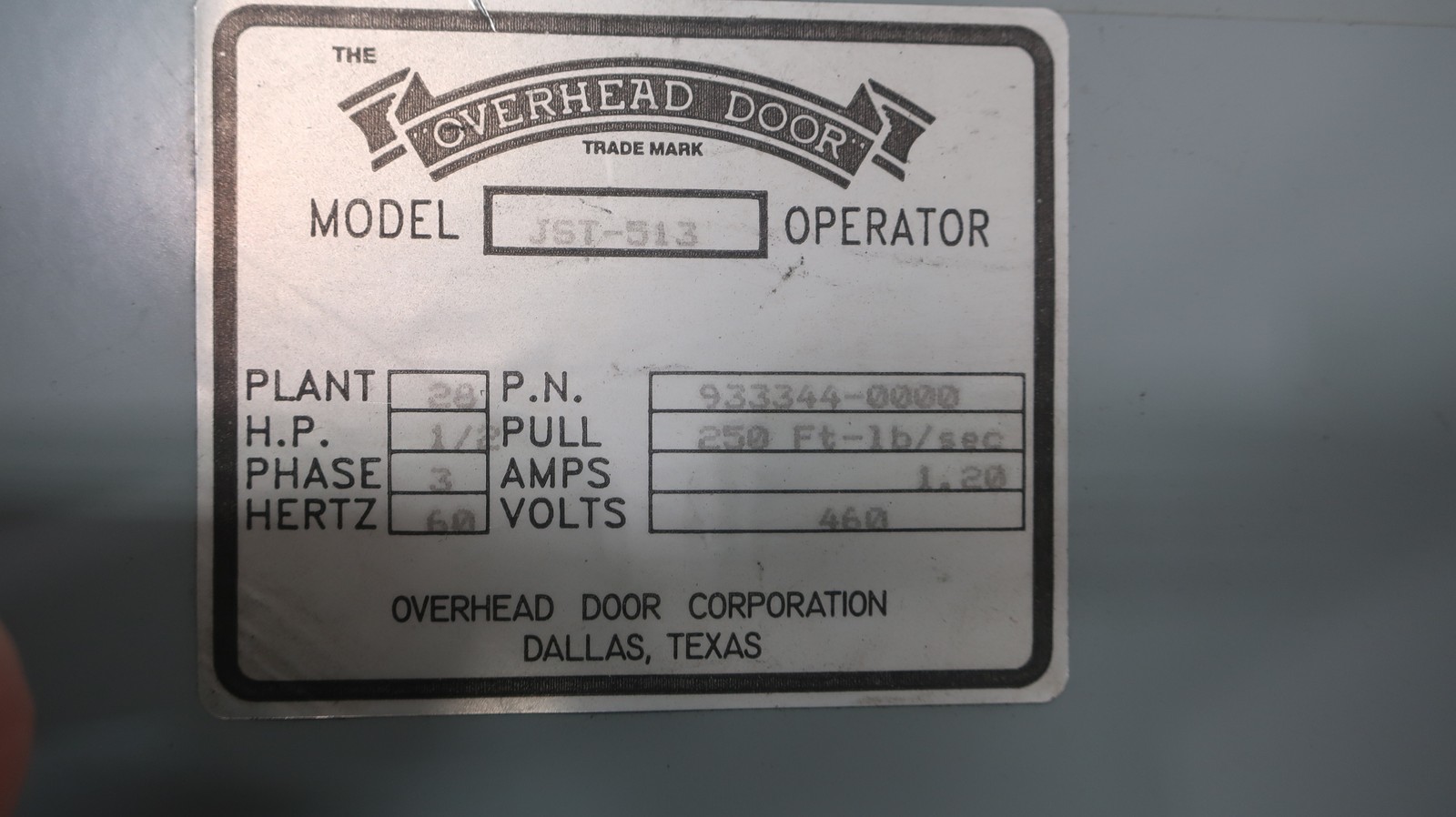Overhead Door JST-513 Operator 1/2hp 3ph 250ft-lb/sec 460v-ac