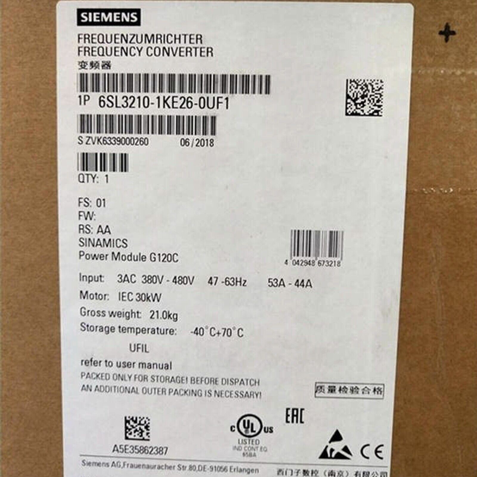 Siemens 6SL3210-1KE26-0UF1 Inverters 30KW 6SL3210-1KE26-0UF1 6SL32101KE260UF US