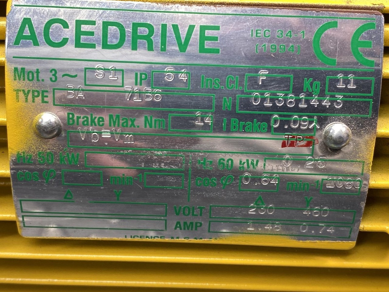 M.G.M. Electric BA 71B6 Motor 230/460V 0.25 kW, NOS