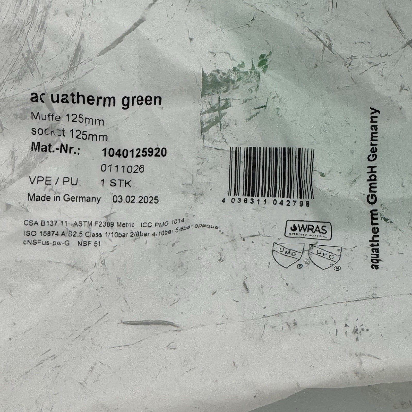 Aquatherm 1040125920 4” Socket Coupling 125mm PP-R Fusion Germany NEW