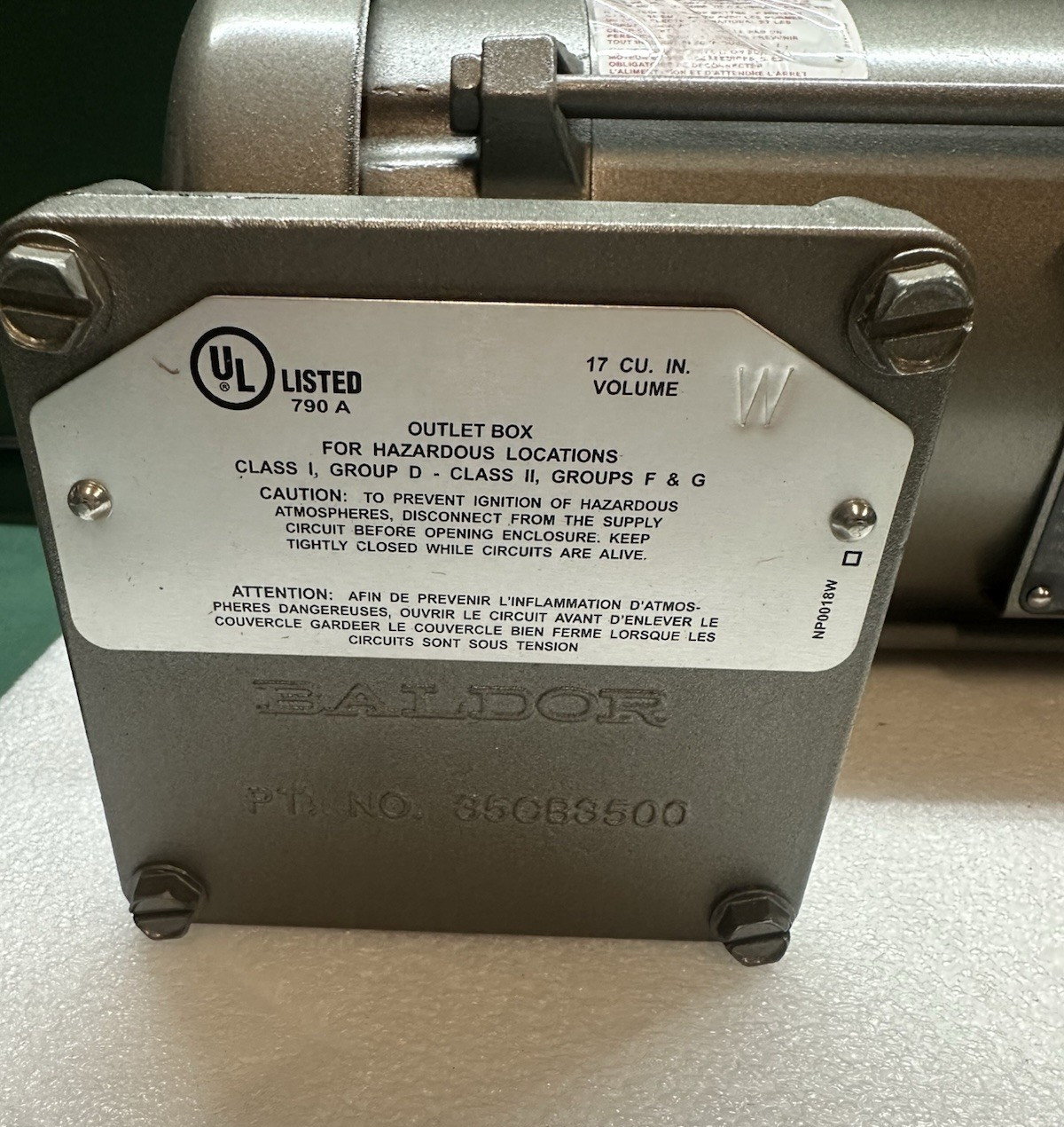 BALDOR Electric Motor, 1 HP, 230/460V, 3 Phase, 3450 RPM, 56J, JM7013, Haz. Loc.