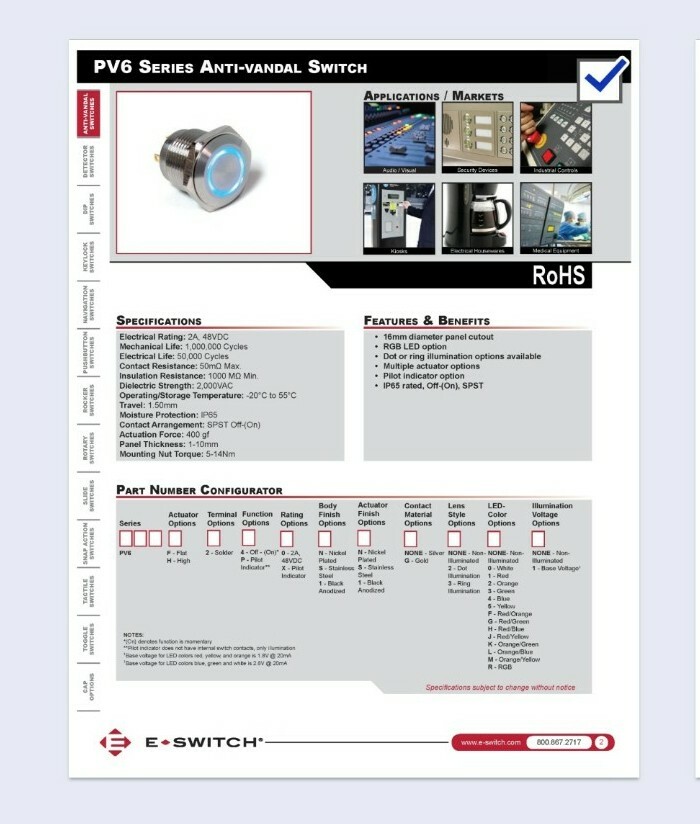 PV6H240SS-3G1 E-SWITCH QTY: 25 UNITS Push Button Switch. Free Shipping