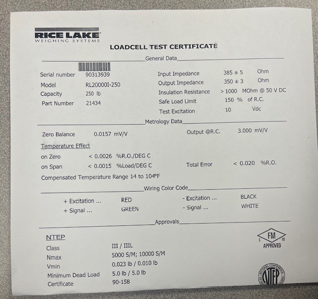 Rice Lake RL2000I-250 Load Cell, 250 lb Capacity – Single Point with Cable – New
