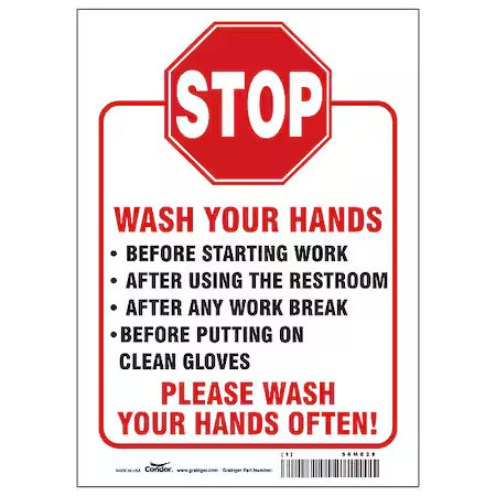 Condor Hwb756t1410 Hygiene Sign, 14 In H, 10 In W, Vinyl, English, Hwb756t1410