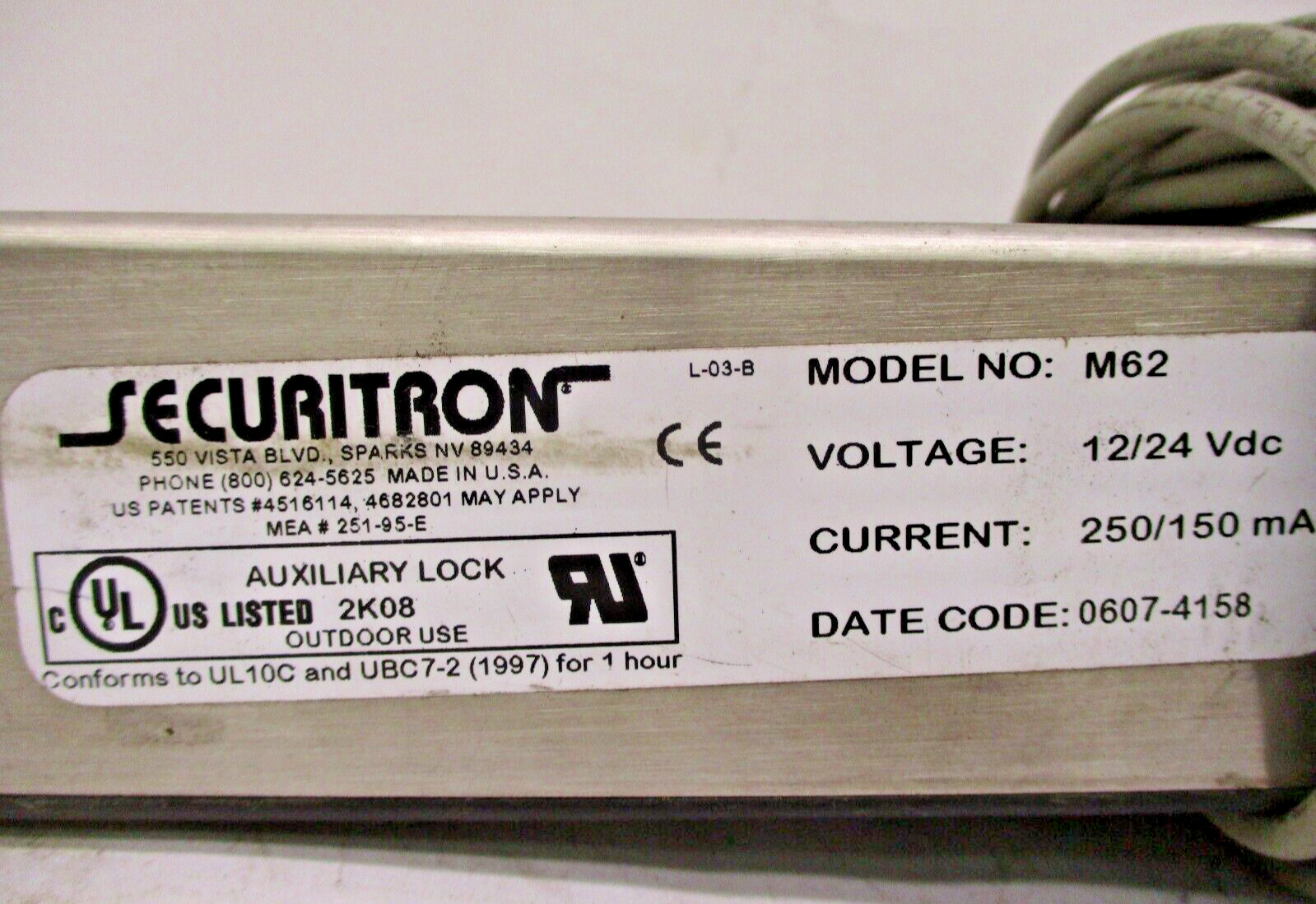 Securitron M62 12/24VDC Magnalock Door Access 2K08 Auxiliary Lock A5784LR