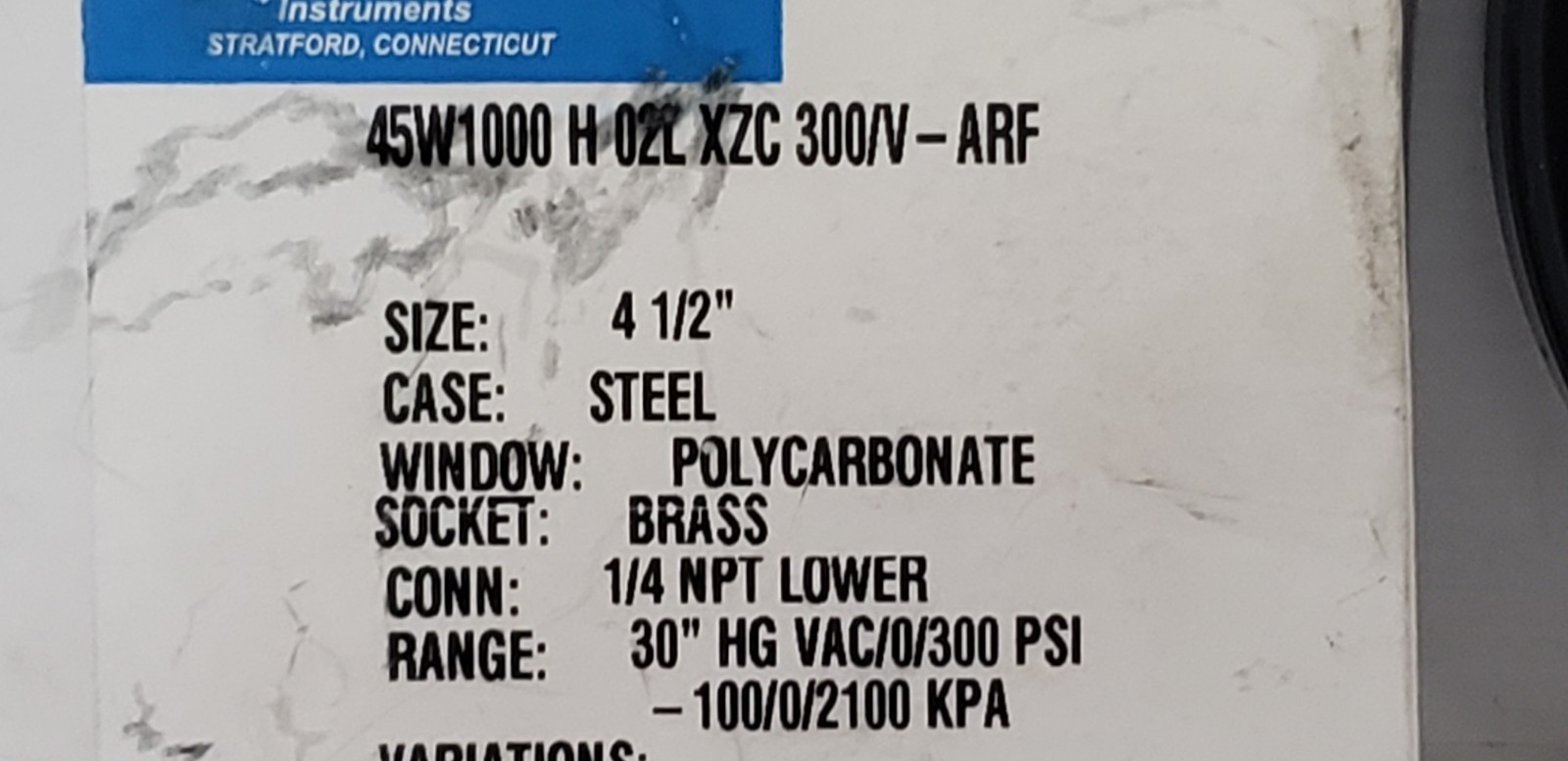 ASHCROFT 45W1000-H-02L-XZC-300/V-ARF GAUGE, -30 – 300 PSI/100-2100 kPa, NIB