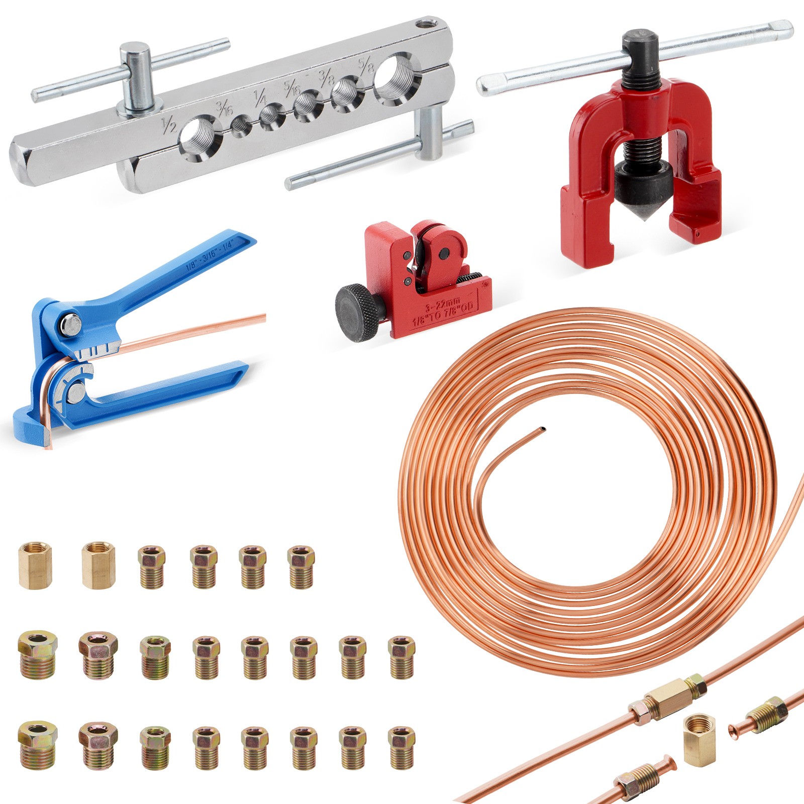 25Ft 3/16″ Copper-Coated Brake Line Repair Kit W/ 16 Fittings, 2 Union and 4 Nut