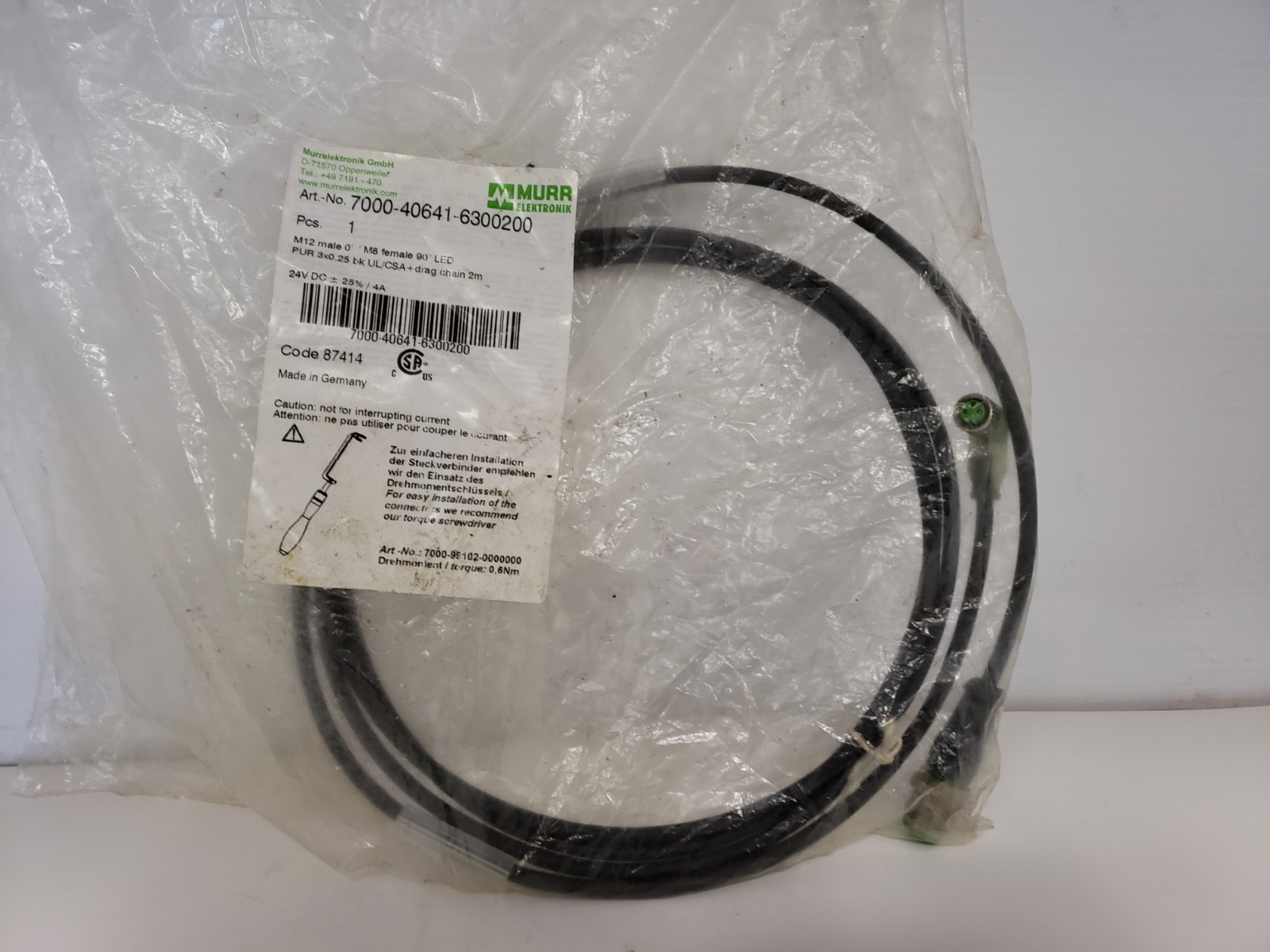 MURR ELEKTRONIK 7000-40641-6300200 CABLE M12 MALE/M8 FEMALE 90° LED 24V DC NIB