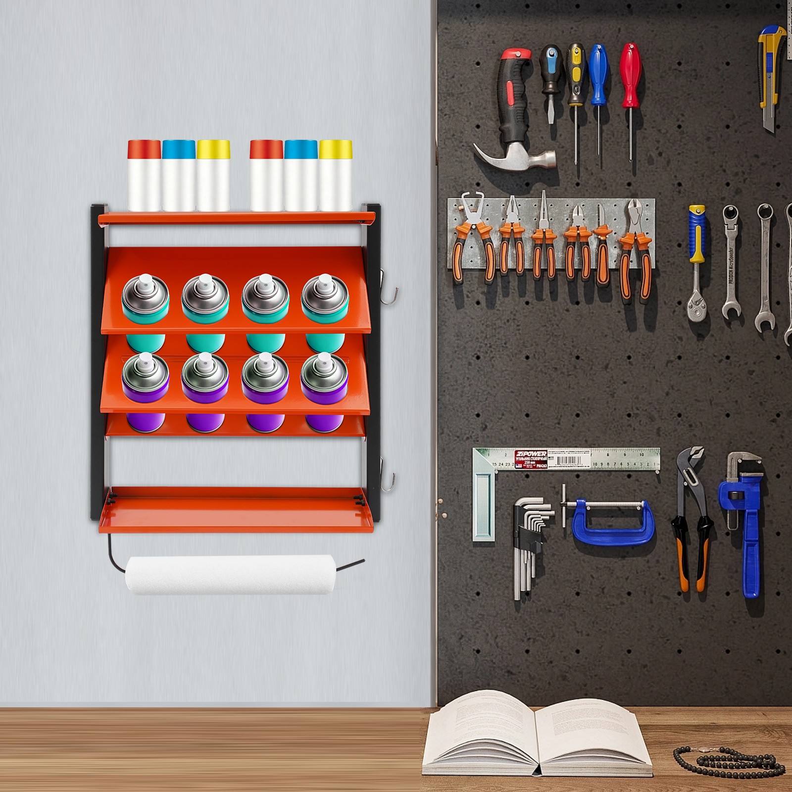 Shelf Spray Can Holder Lube Can Wall Mount Storage Rack Paint Organizer Orange