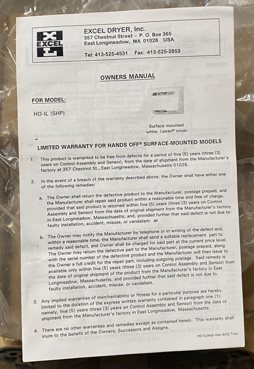 Excel Dryer HO-IC Hand Dryer 110/120v 20A 60Hz New Open Box Ships Fast