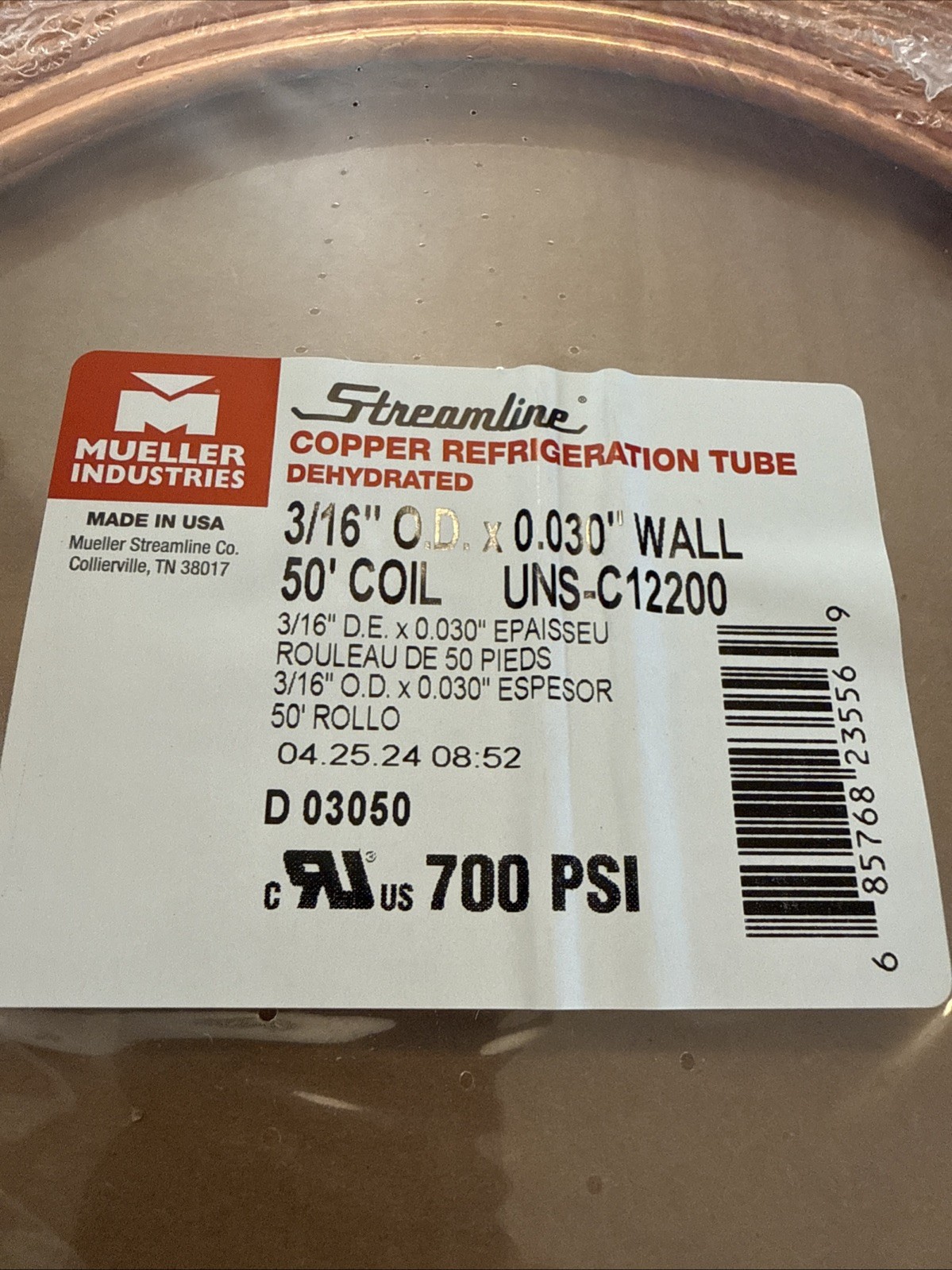 Mueller Industries Copper Refrigeration Tube 3/16″ x 0.030″ x 50′ D03050