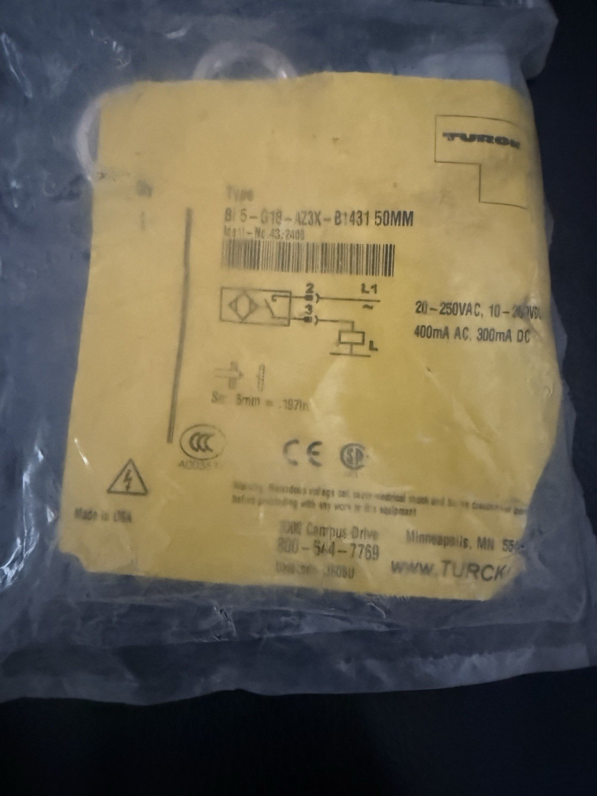 TURCK BI5-G18-AZ3X-B1431 50MM PROXIMITY SENSOR NO 20-250V 500mA (4372400) New