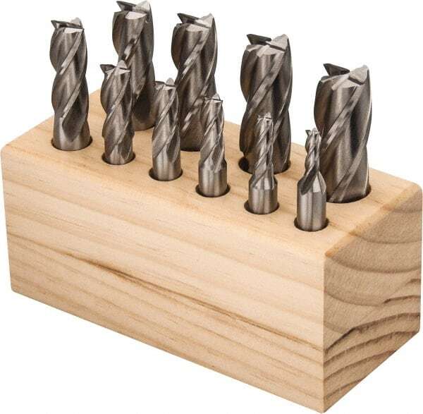 End Mill Set: 4 Flute, Square End Cobalt, Uncoated, Single End, 10 Pc