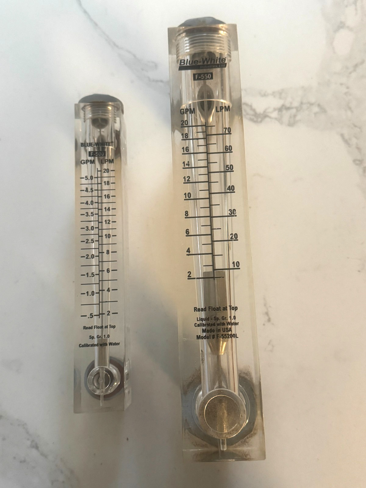 2) Blue White Flow Meter F-550 F-500 F-55200L GPM LPM Water Rotameter Industrial