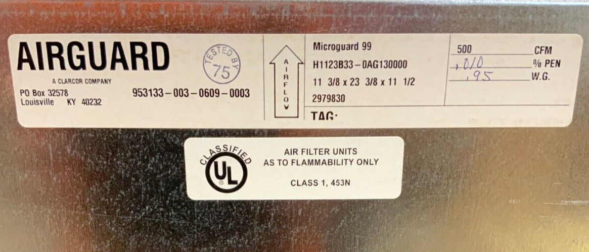 AirGuard Clarcor MicroGuard 99 H1123B33-0AG130000 Air Filter 99.97% 500CFM 201C