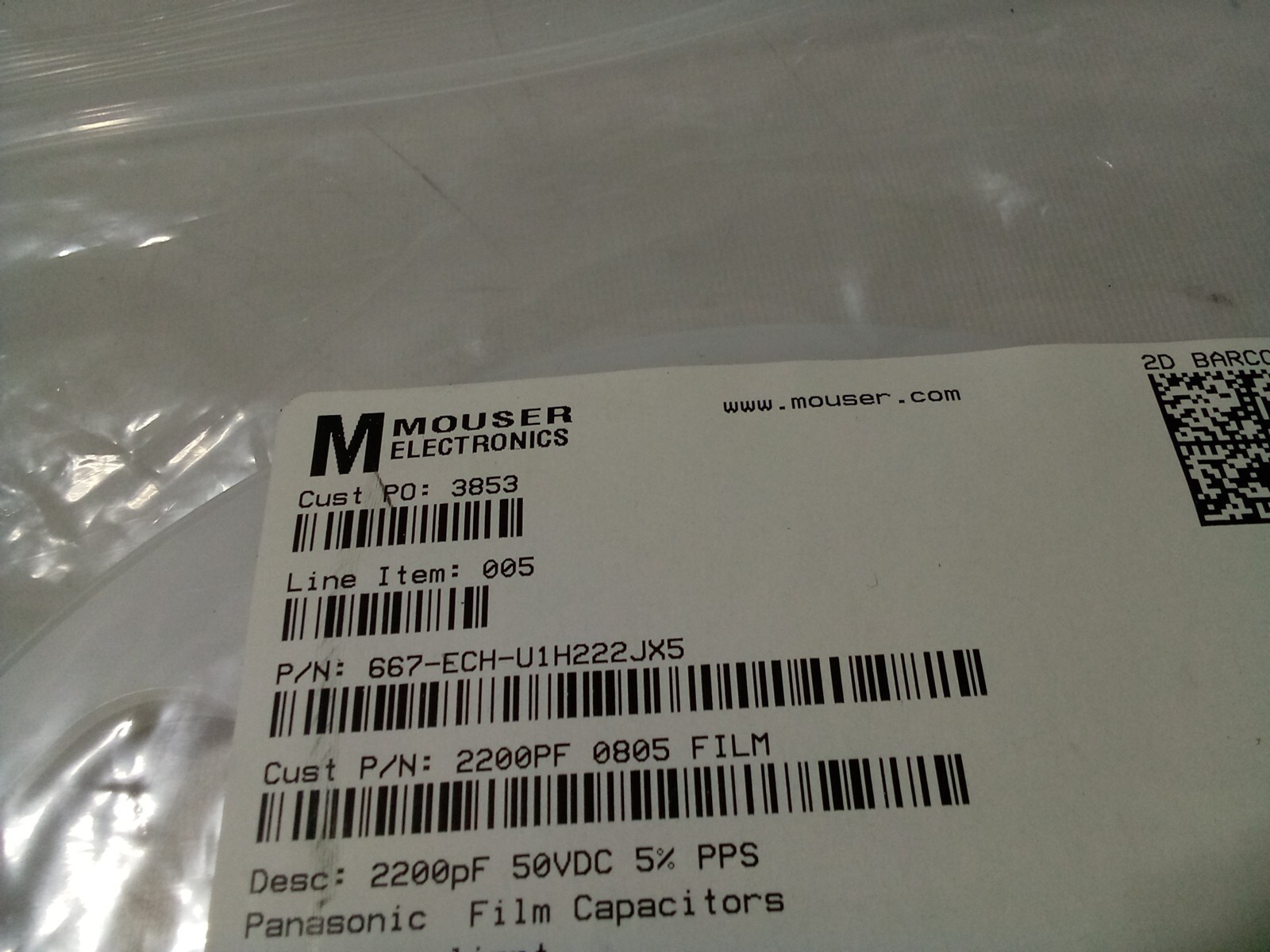 Mouser Electronics Panasonic Film Capacitors, 1000Qty, 667-ECH-U1H222JX5