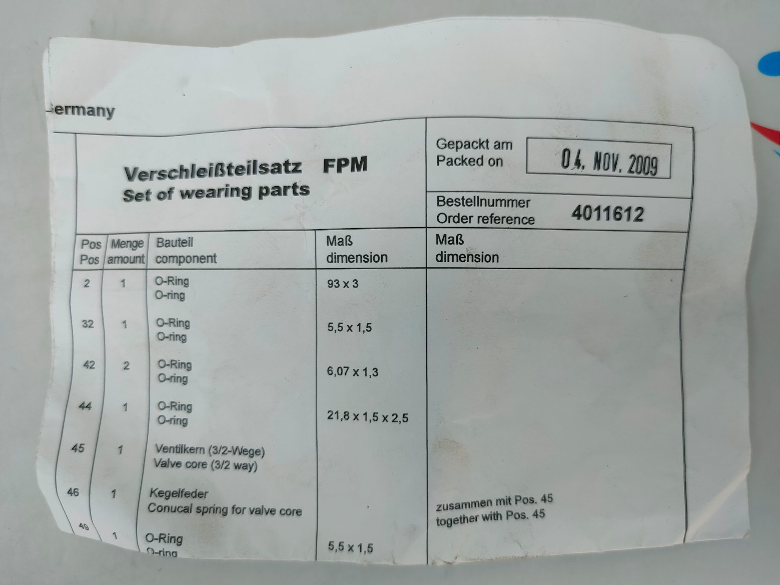 4011612 Wearing Part Set Kit, Valve Repair Kit